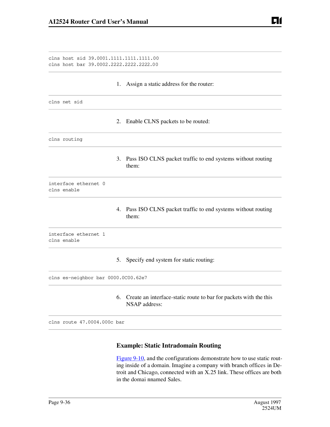 AIS AI2524 user manual Example Static Intradomain Routing, Assign a static address for the router 