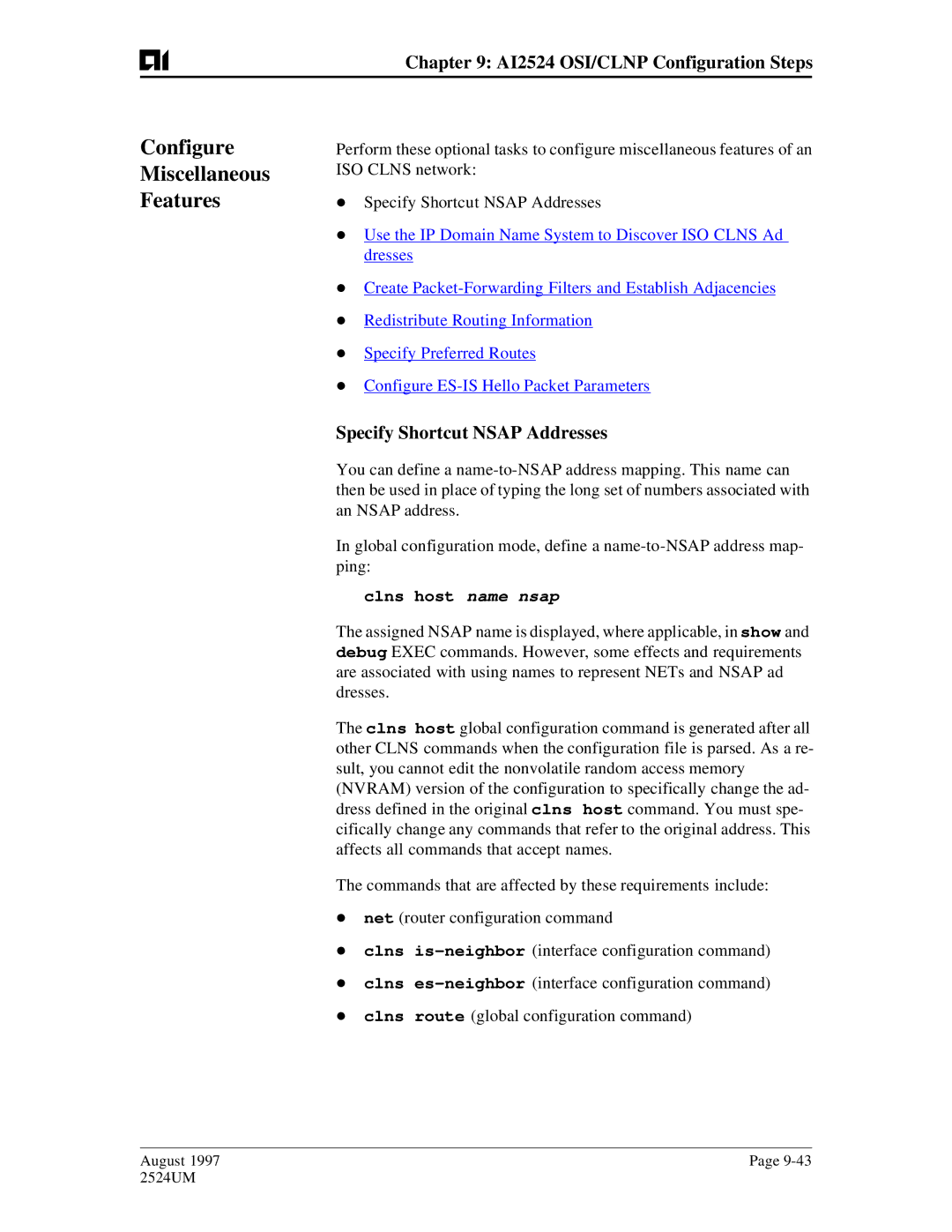 AIS AI2524 user manual Configure Miscellaneous Features, Specify Shortcut Nsap Addresses, Clns host name nsap 