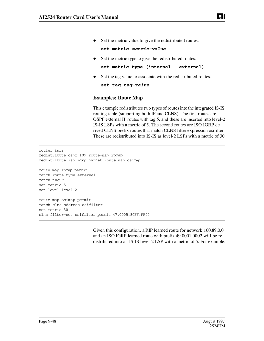 AIS AI2524 user manual Examples Route Map 