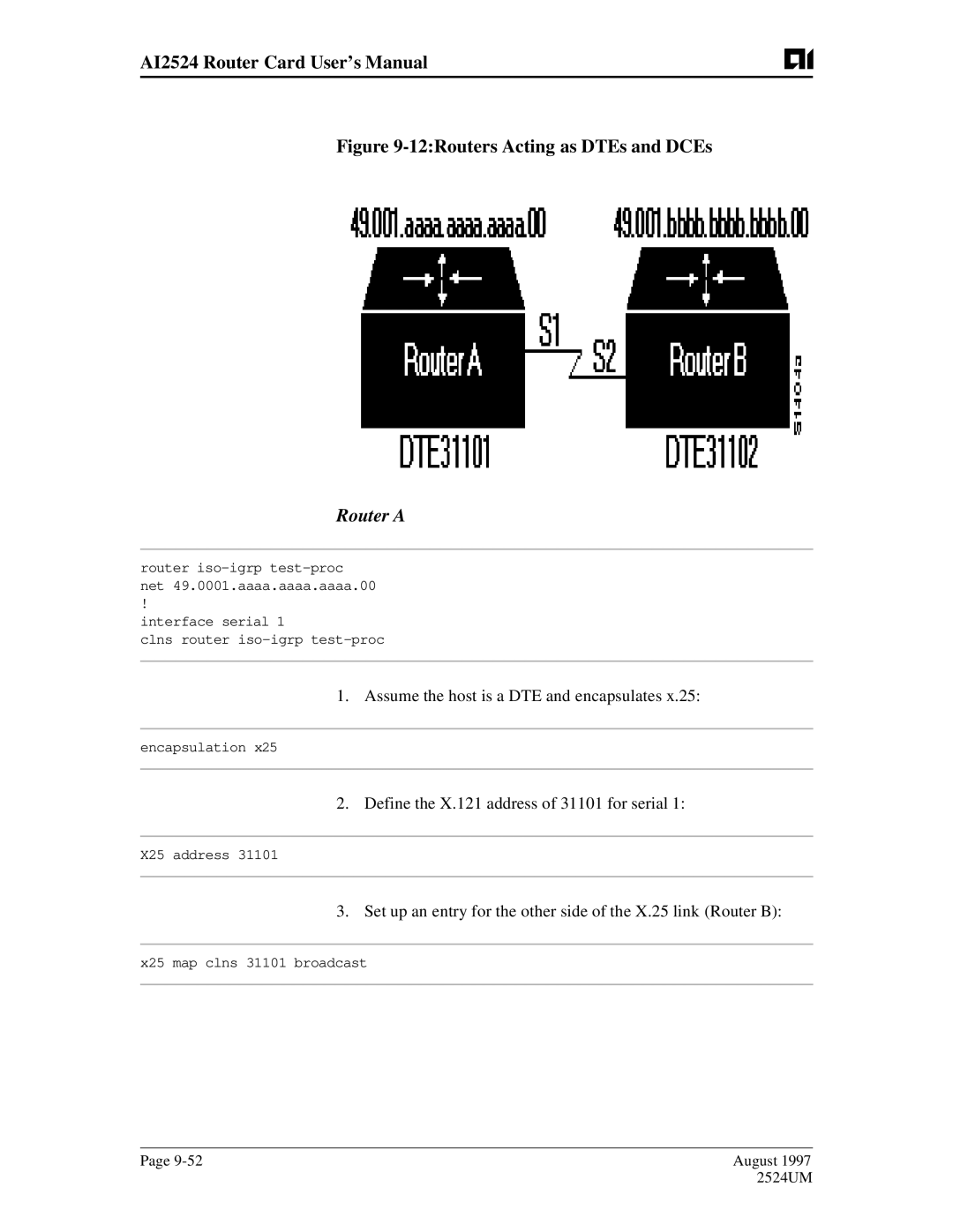 AIS AI2524 user manual Assume the host is a DTE and encapsulates, Define the X.121 address of 31101 for serial 