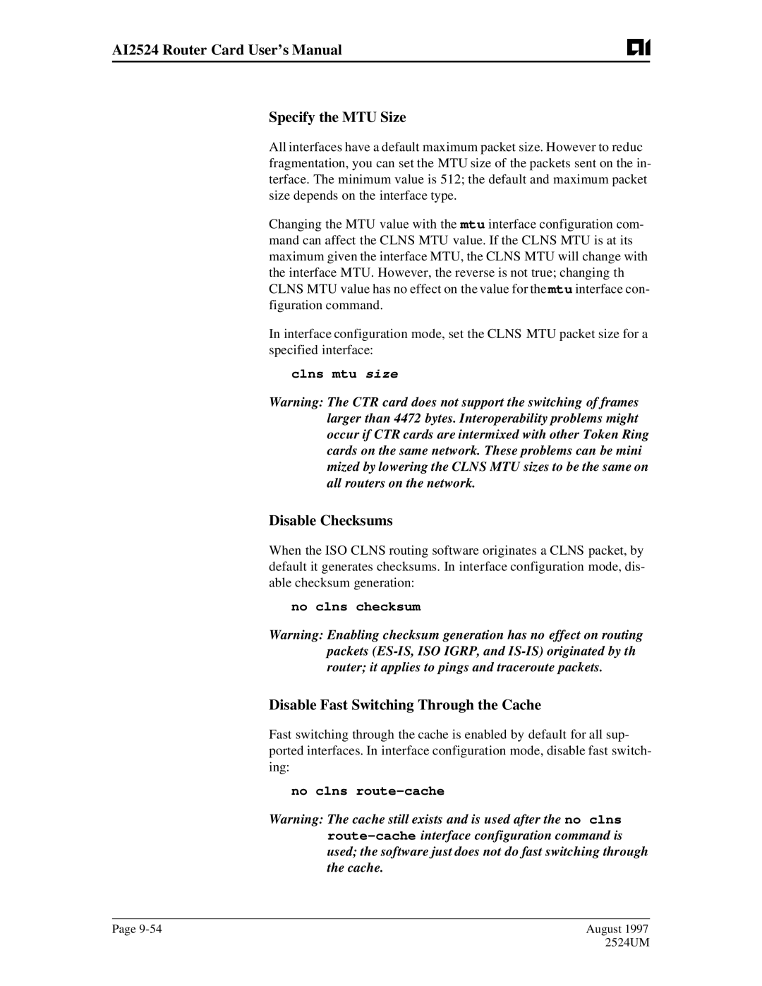 AIS AI2524 Router Card User’s Manual Specify the MTU Size, Disable Checksums, Disable Fast Switching Through the Cache 