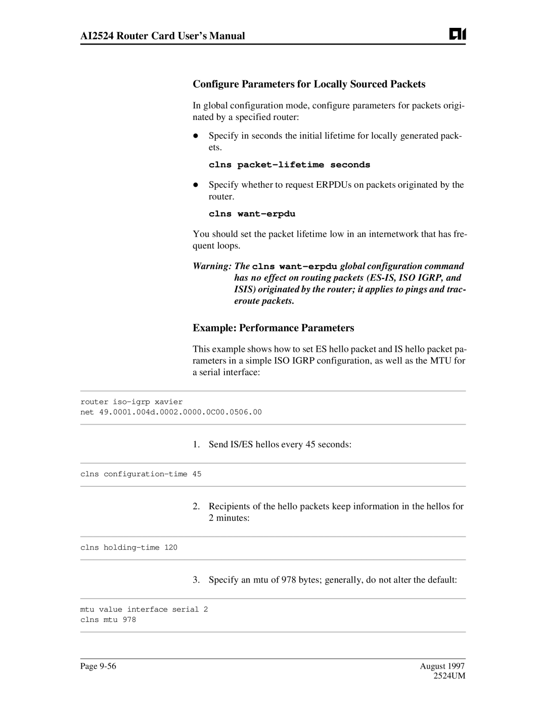 AIS AI2524 user manual Example Performance Parameters, Clns packet-lifetime seconds, Clns want-erpdu 