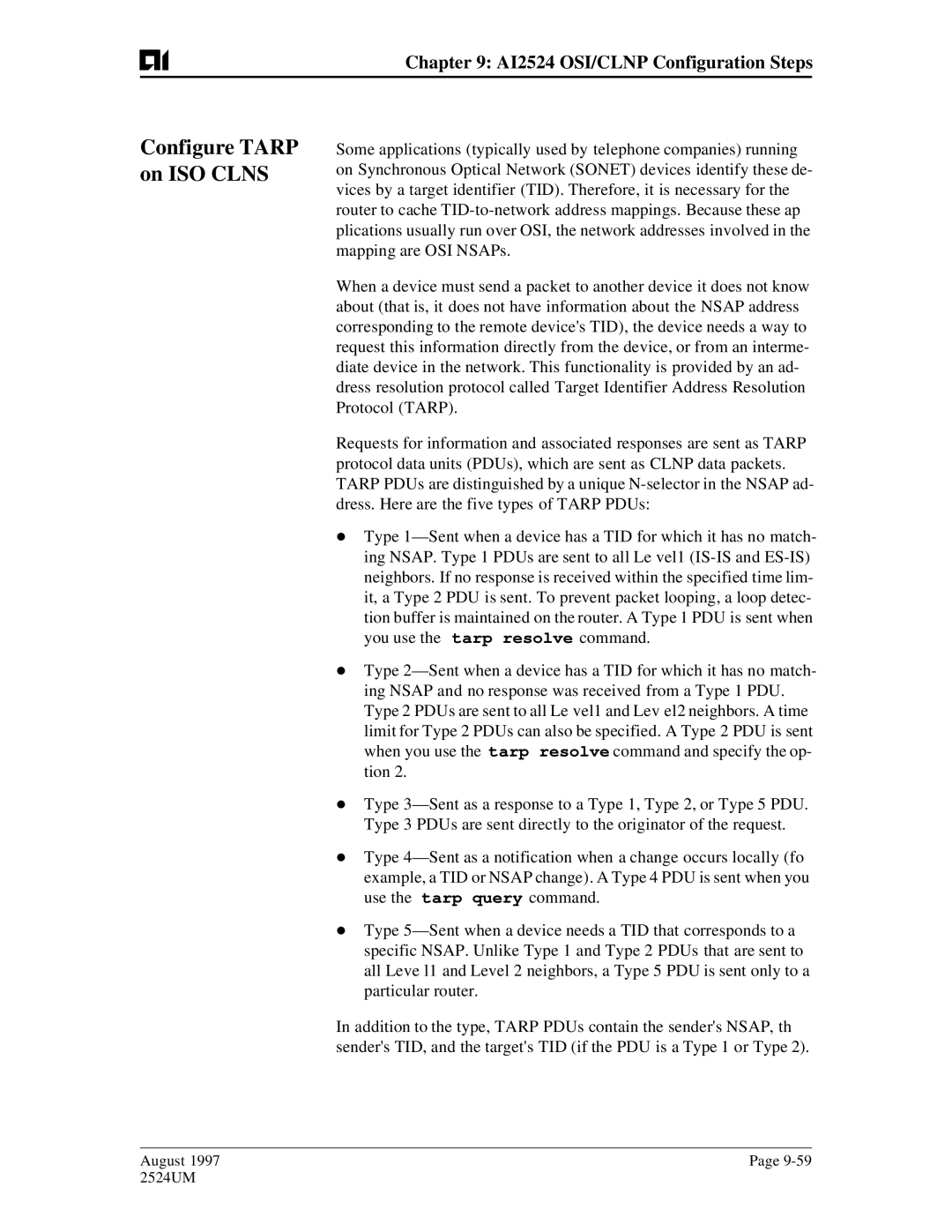 AIS AI2524 user manual Configure Tarp on ISO Clns, Pdu 