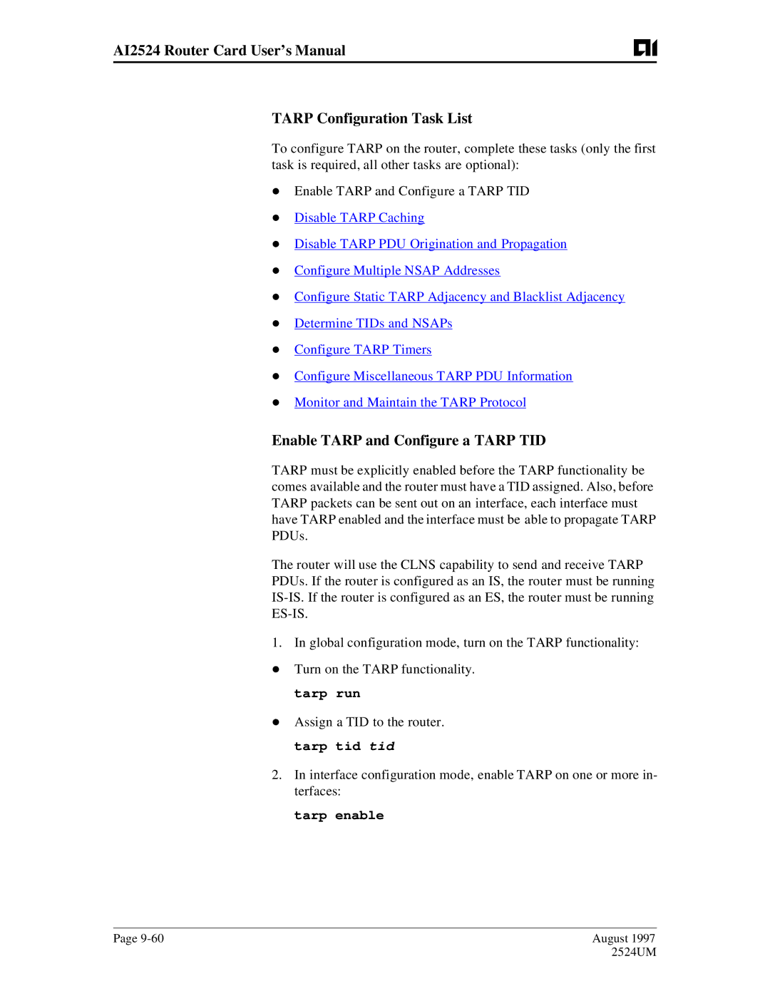 AIS AI2524 user manual Enable Tarp and Configure a Tarp TID, Tarp enable 