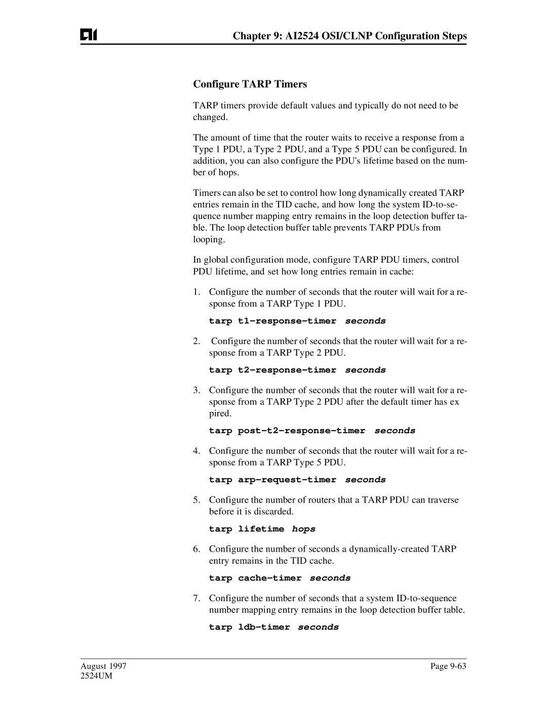 AIS user manual AI2524 OSI/CLNP Configuration Steps Configure Tarp Timers 