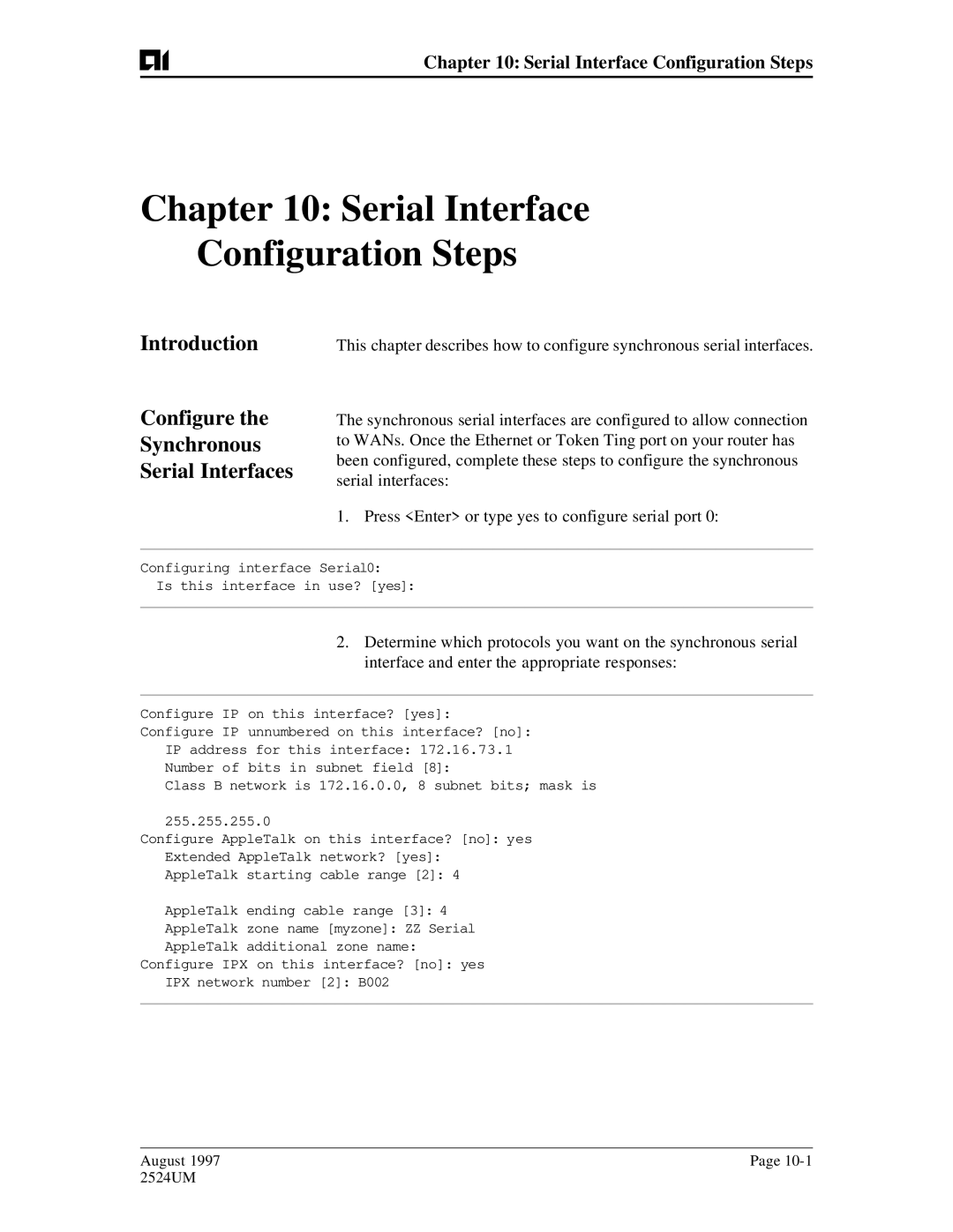 AIS AI2524 user manual Serial Interface Configuration Steps, Introduction Configure Synchronous Serial Interfaces 