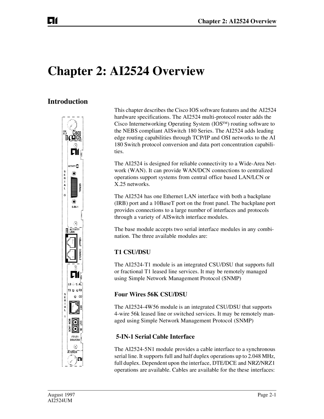 AIS user manual AI2524 Overview, Introduction, Four Wires 56K CSU/DSU, IN-1 Serial Cable Interface 