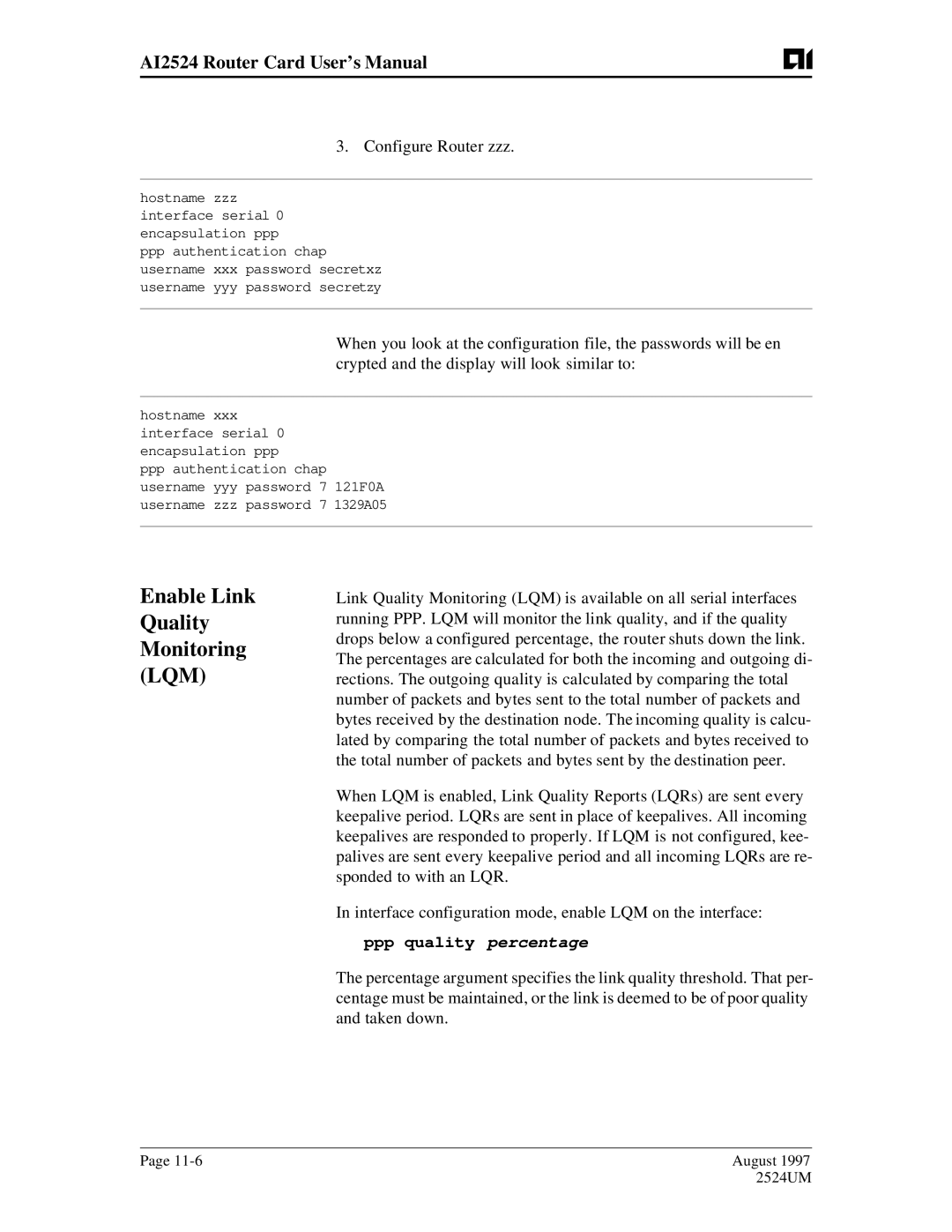 AIS AI2524 user manual Enable Link Quality Monitoring LQM, Configure Router zzz, Ppp quality percentage 