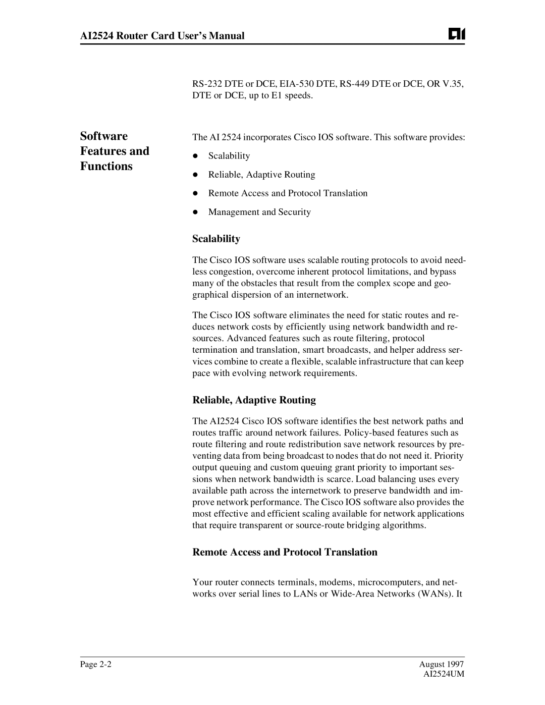 AIS AI2524 Software Features Functions, Scalability, Reliable, Adaptive Routing, Remote Access and Protocol Translation 