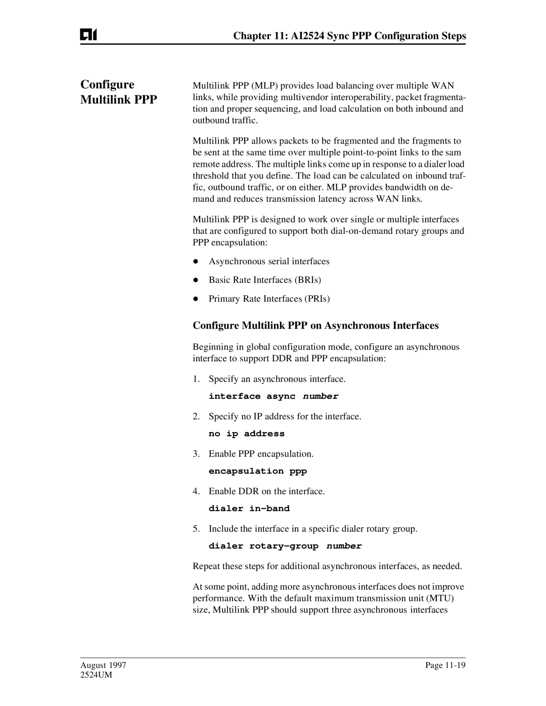 AIS AI2524 user manual Configure Multilink PPP on Asynchronous Interfaces 