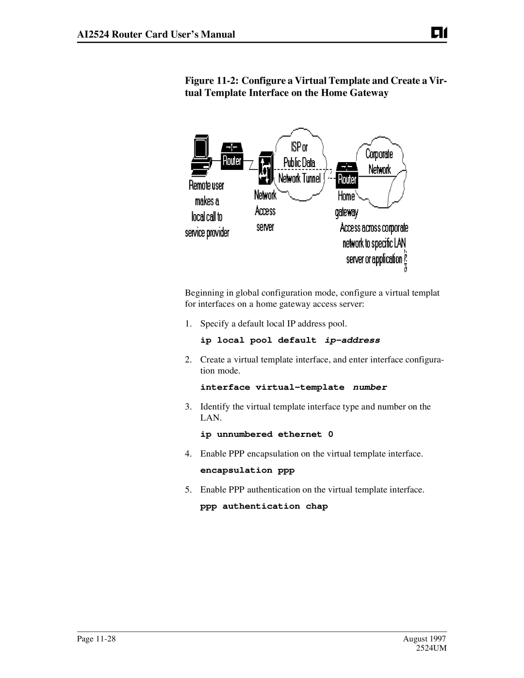 AIS AI2524 user manual Ip local pool default ip-address, Interface virtual-template number, Ip unnumbered ethernet 