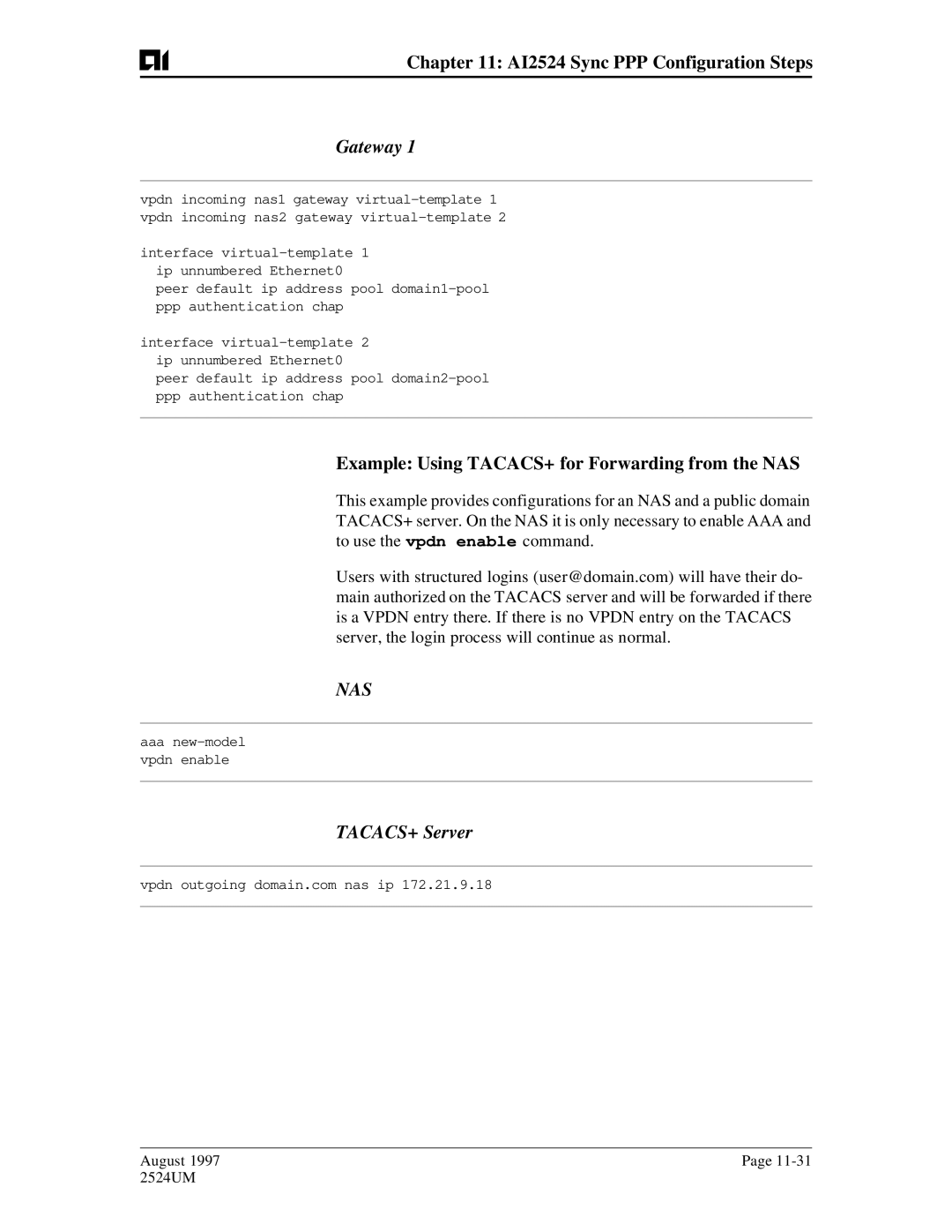 AIS AI2524 user manual Gateway, Example Using TACACS+ for Forwarding from the NAS, TACACS+ Server 