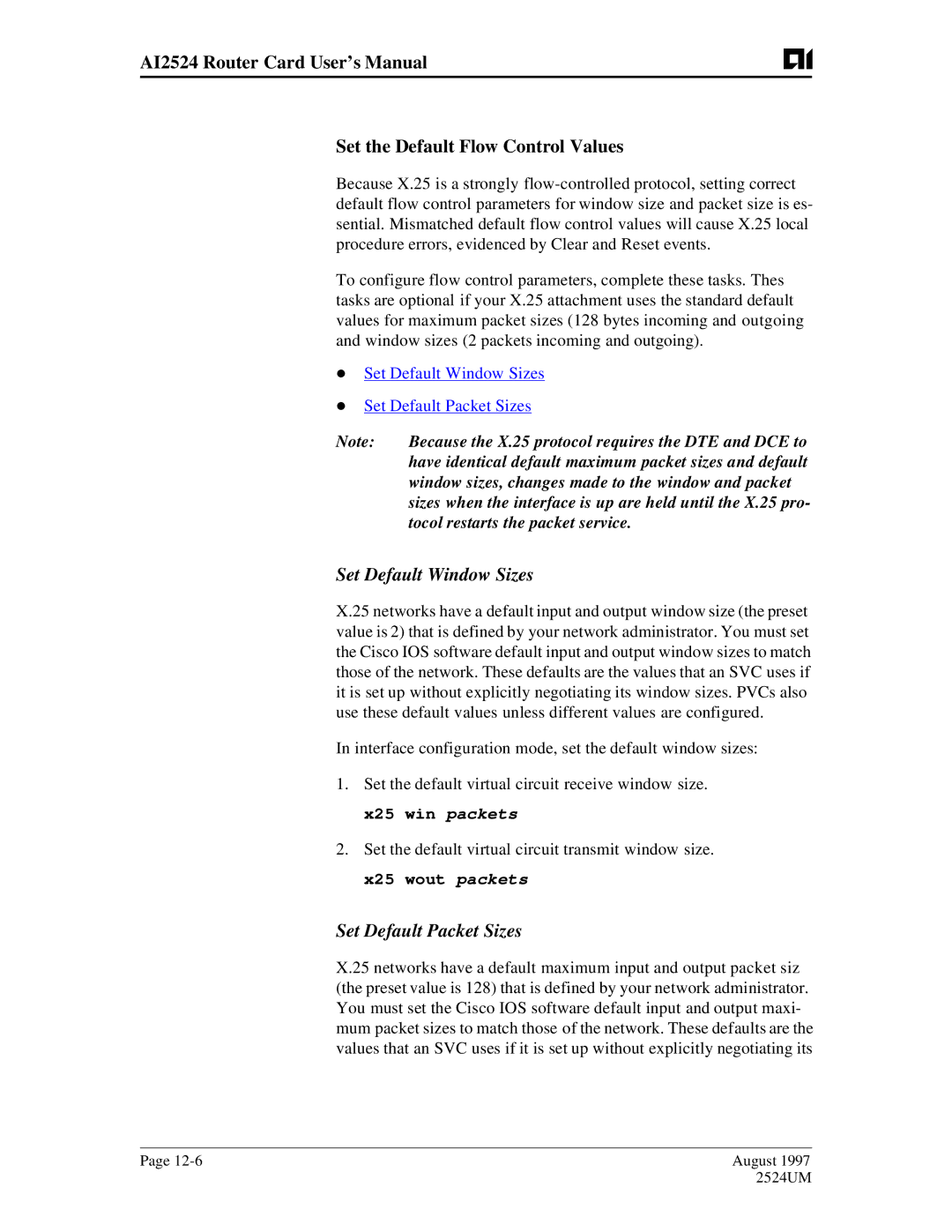 AIS AI2524 user manual Set Default Window Sizes, Set Default Packet Sizes 