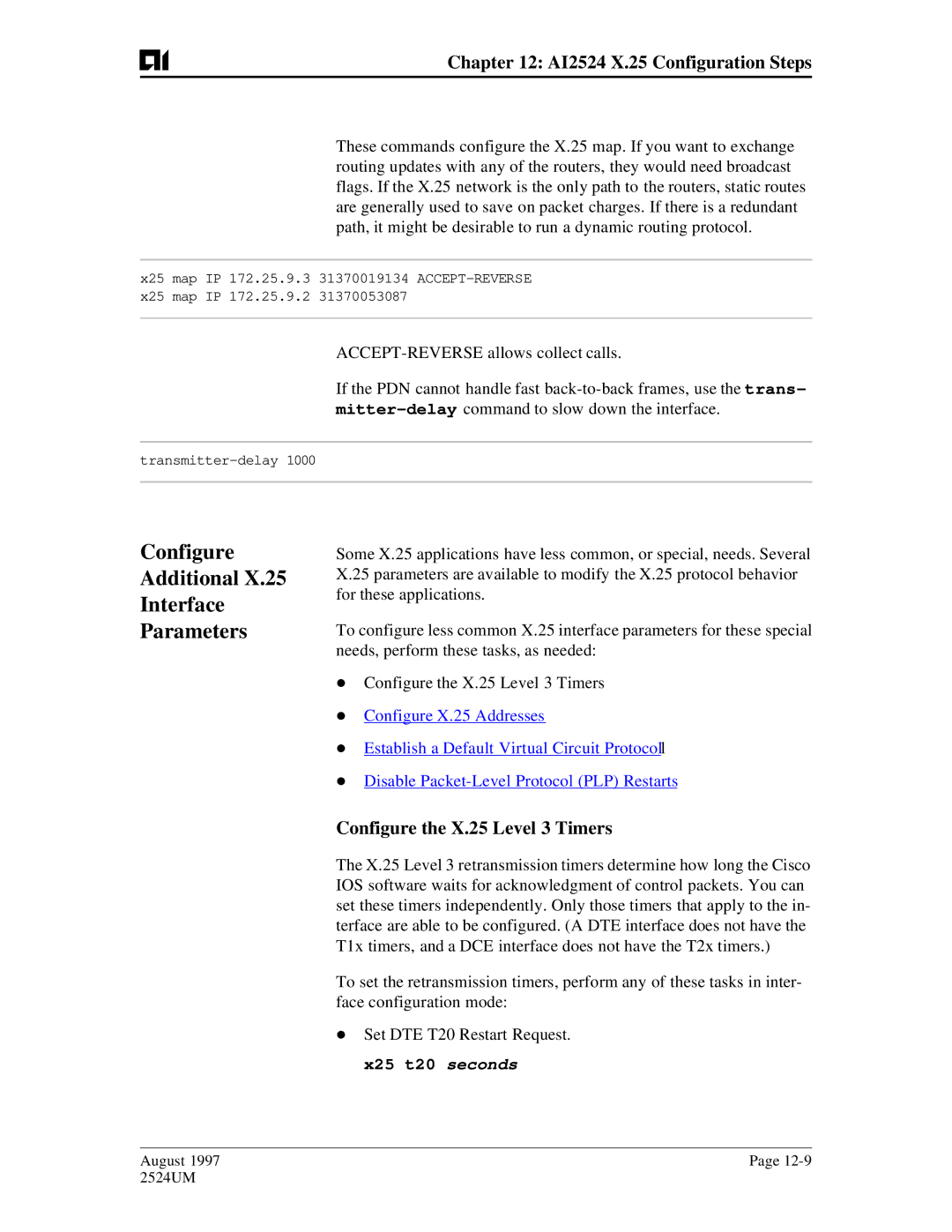 AIS AI2524 user manual Configure Additional Interface, Parameters, Configure the X.25 Level 3 Timers 