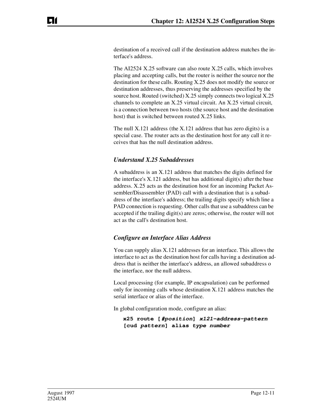 AIS AI2524 user manual Understand X.25 Subaddresses, Configure an Interface Alias Address 