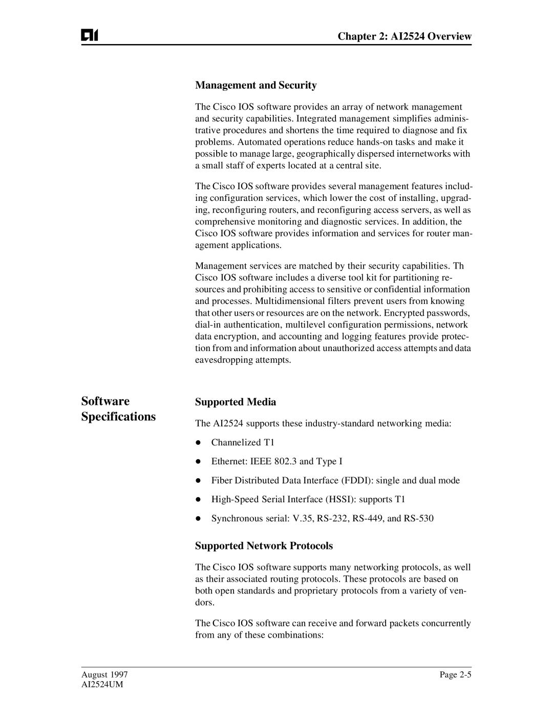 AIS Software, Specifications, AI2524 Overview Management and Security, Supported Media, Supported Network Protocols 