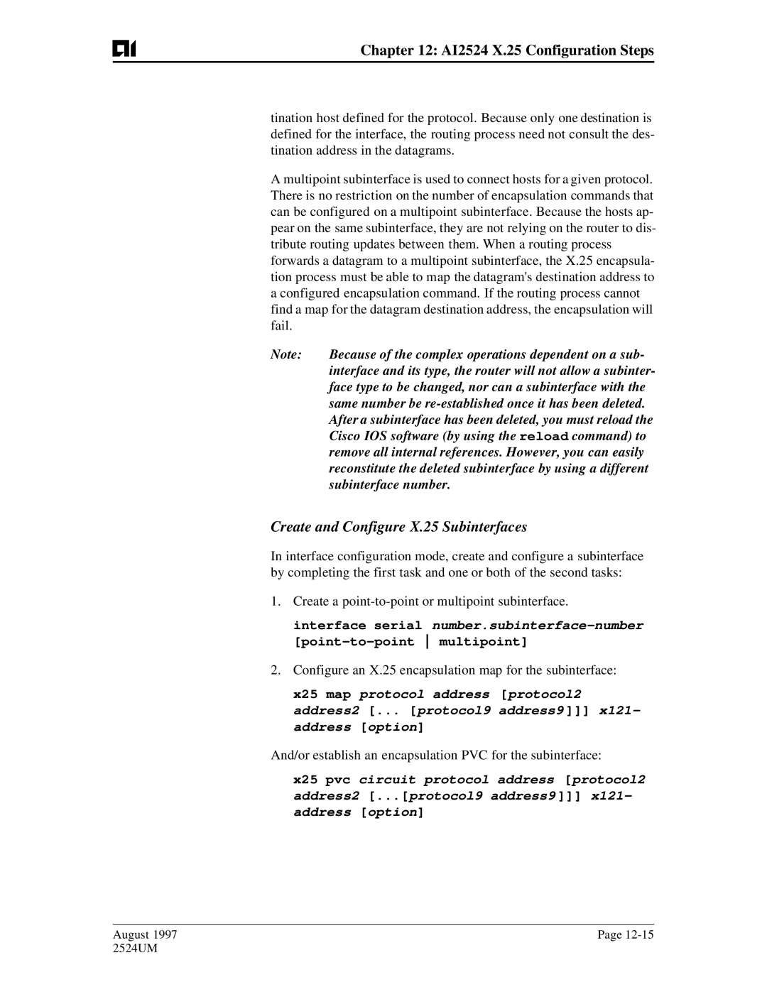 AIS AI2524 user manual Create and Configure X.25 Subinterfaces 