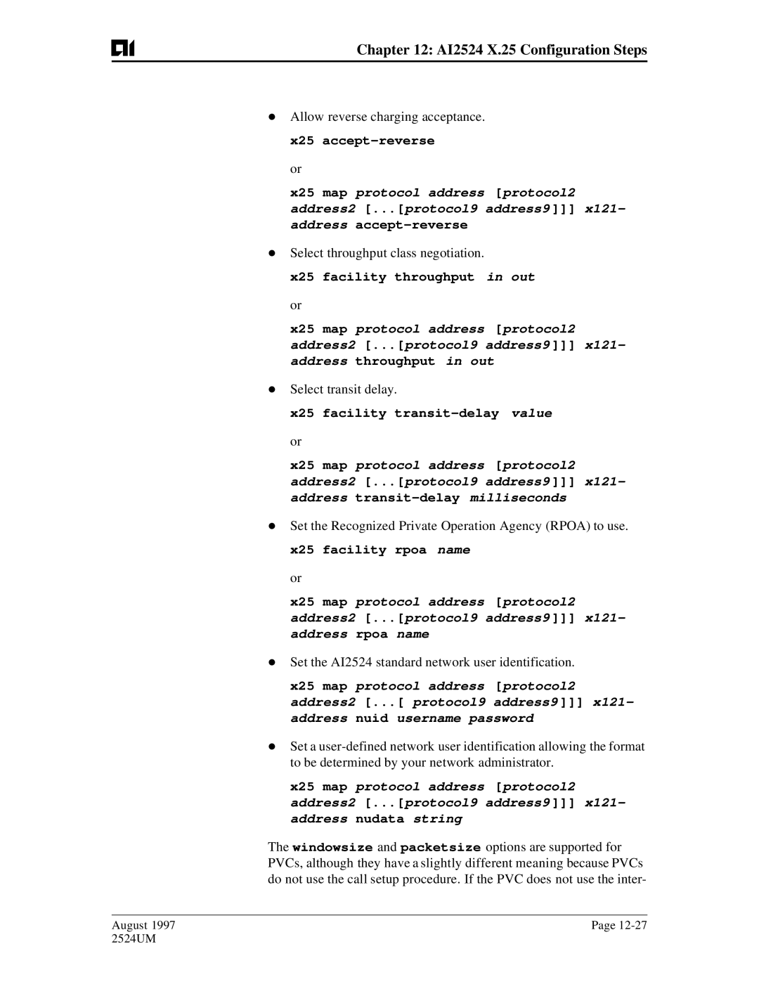 AIS AI2524 user manual Allow reverse charging acceptance, Select throughput class negotiation, Select transit delay 