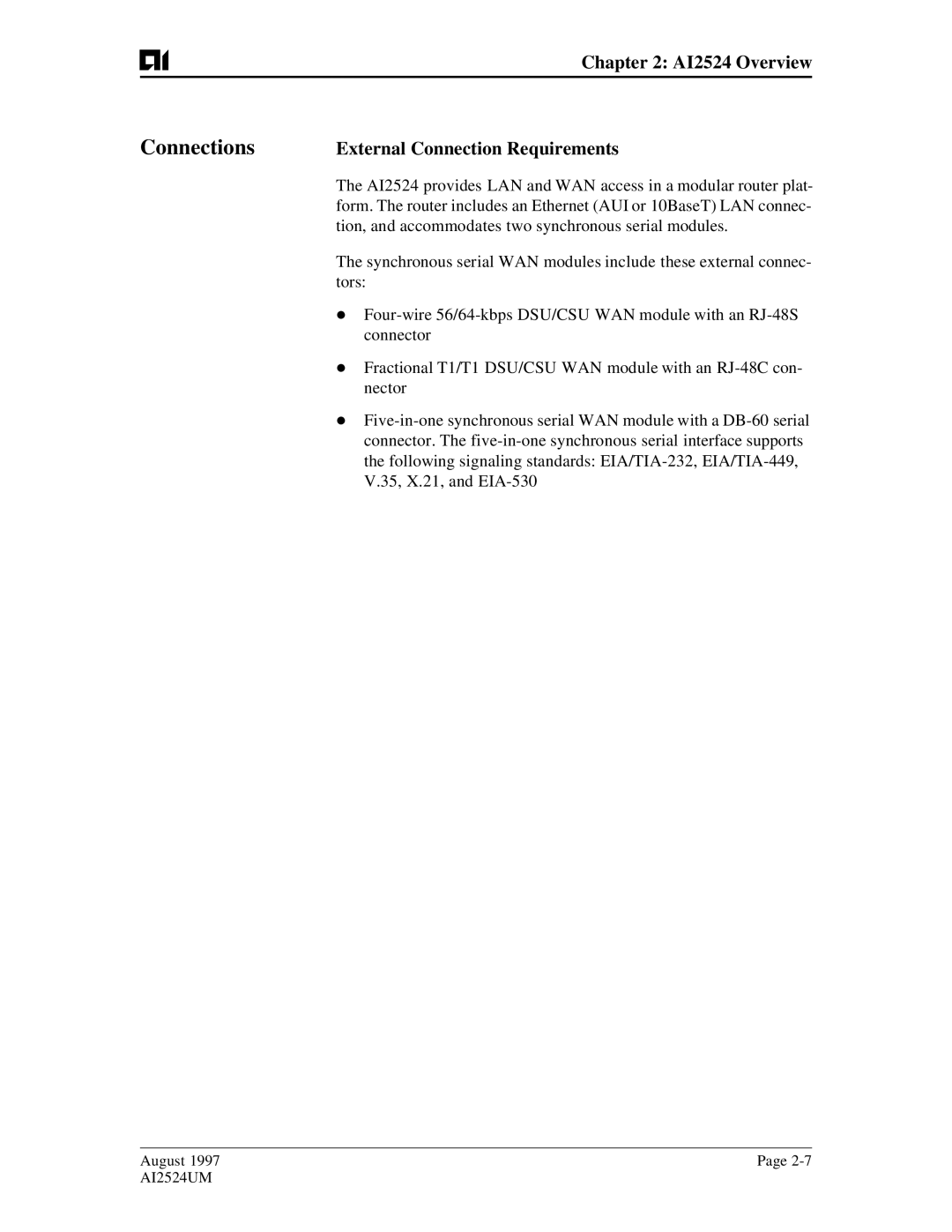 AIS AI2524 user manual Connections, External Connection Requirements 