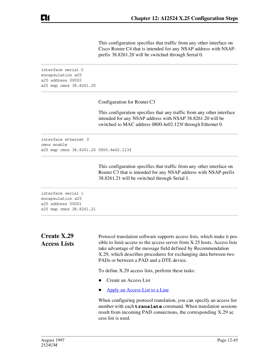 AIS AI2524 user manual Create X.29 Access Lists, Apply an Access List to a Line 