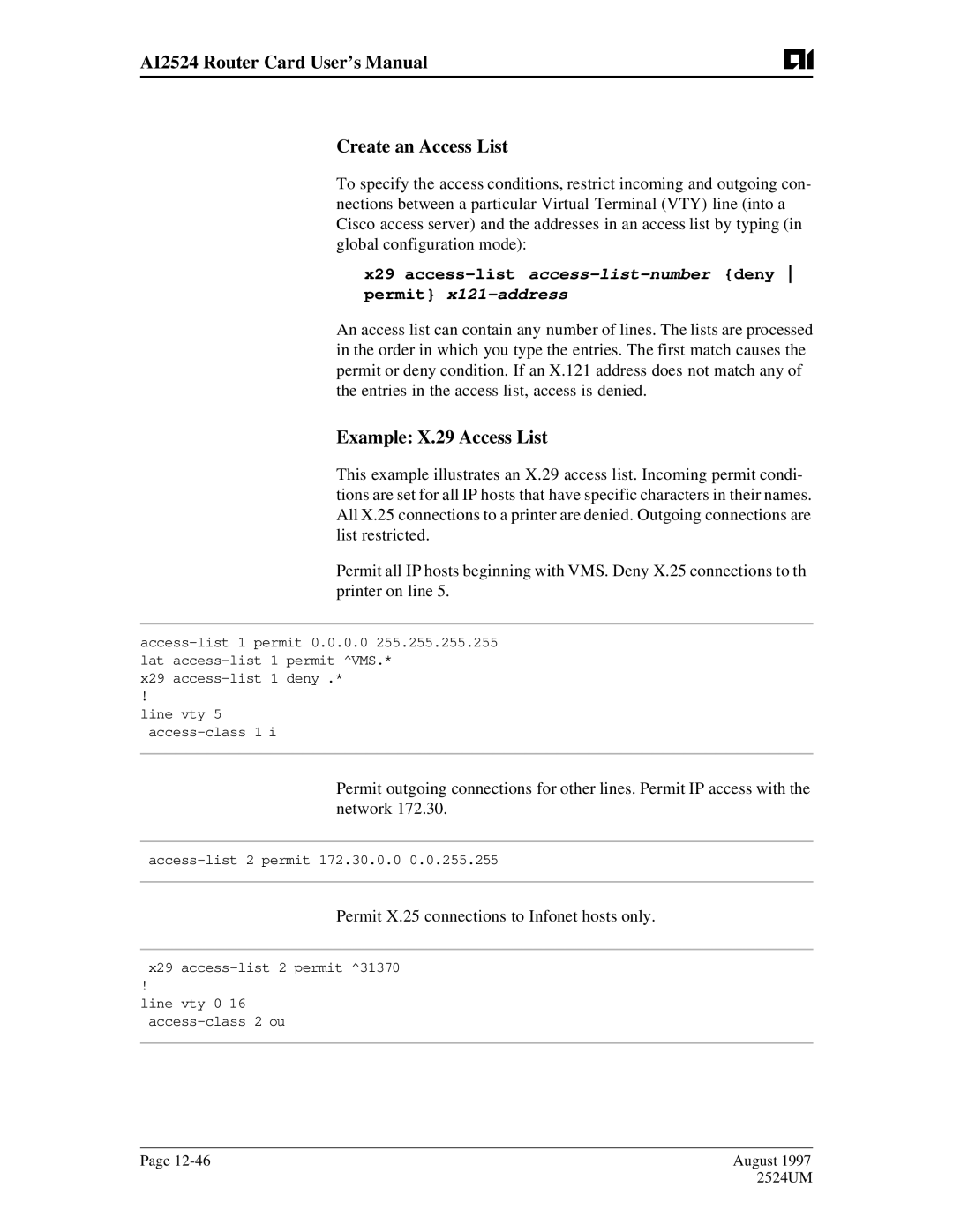 AIS user manual AI2524 Router Card User’s Manual Create an Access List, Example X.29 Access List, Permit x121-address 