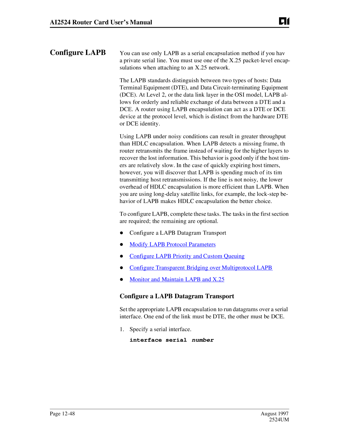 AIS user manual AI2524 Router Card User’s Manual, Configure a Lapb Datagram Transport 