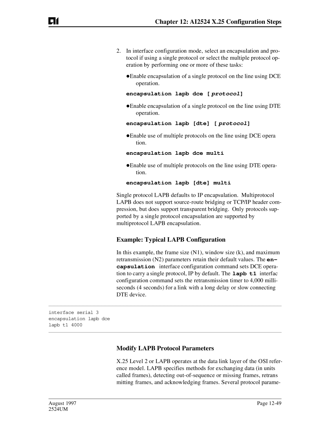 AIS AI2524 user manual Example Typical Lapb Configuration, Modify Lapb Protocol Parameters 