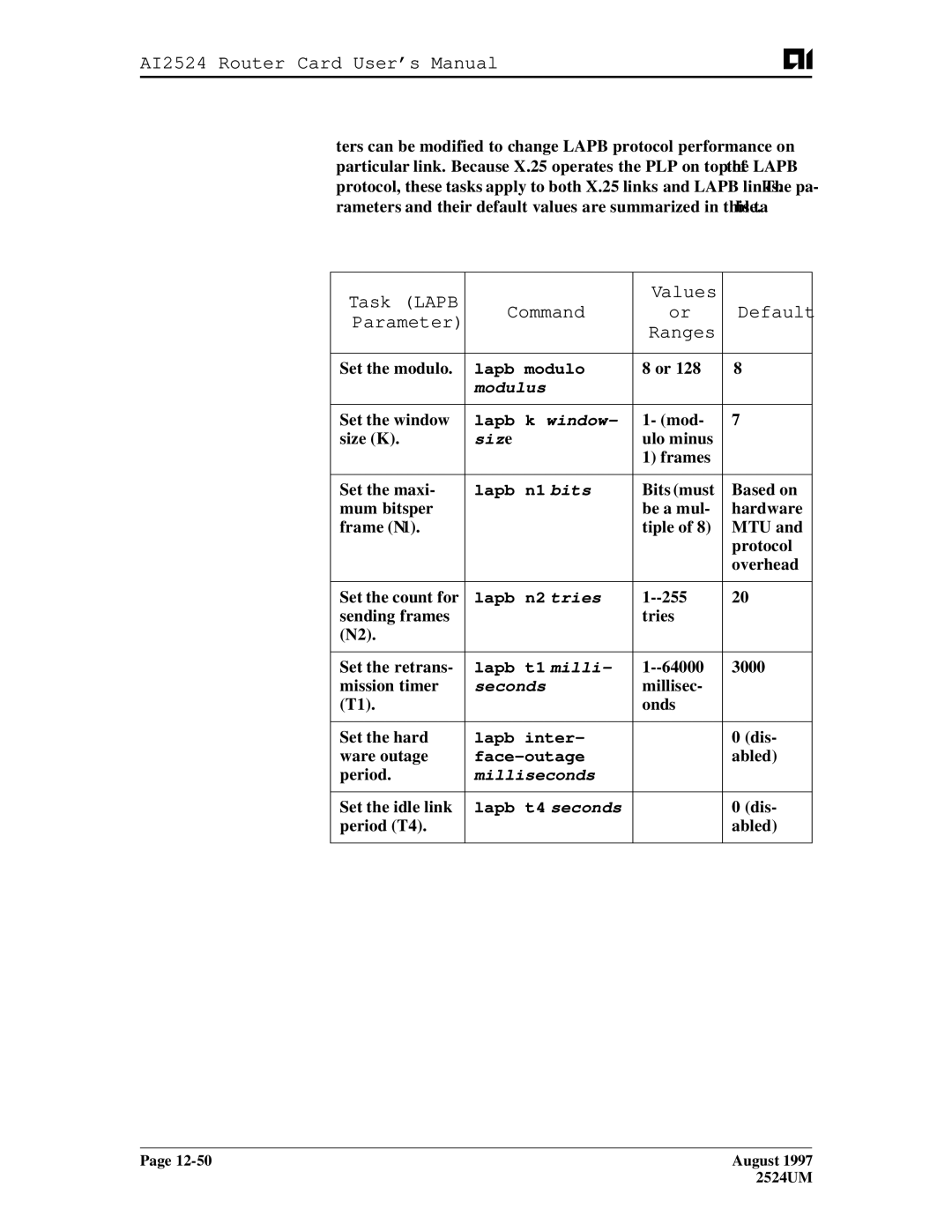 AIS AI2524 user manual Task Lapb Values Command Default Parameter, Modulus, Siz e, Seconds, Milliseconds 