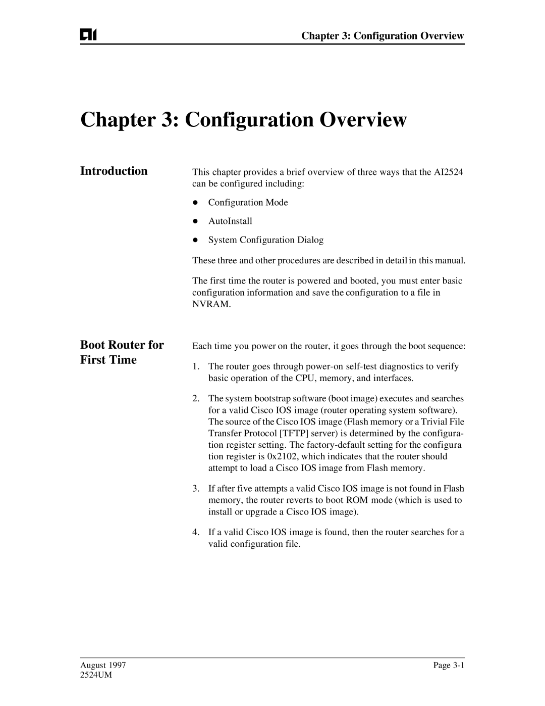 AIS AI2524 user manual Configuration Overview, Introduction Boot Router for First Time 