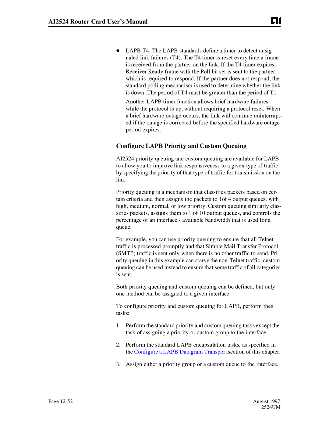 AIS AI2524 user manual Configure Lapb Priority and Custom Queuing 