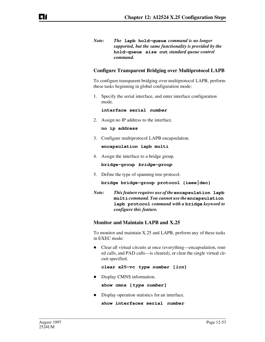 AIS AI2524 user manual Configure Transparent Bridging over Multiprotocol Lapb, Monitor and Maintain Lapb 