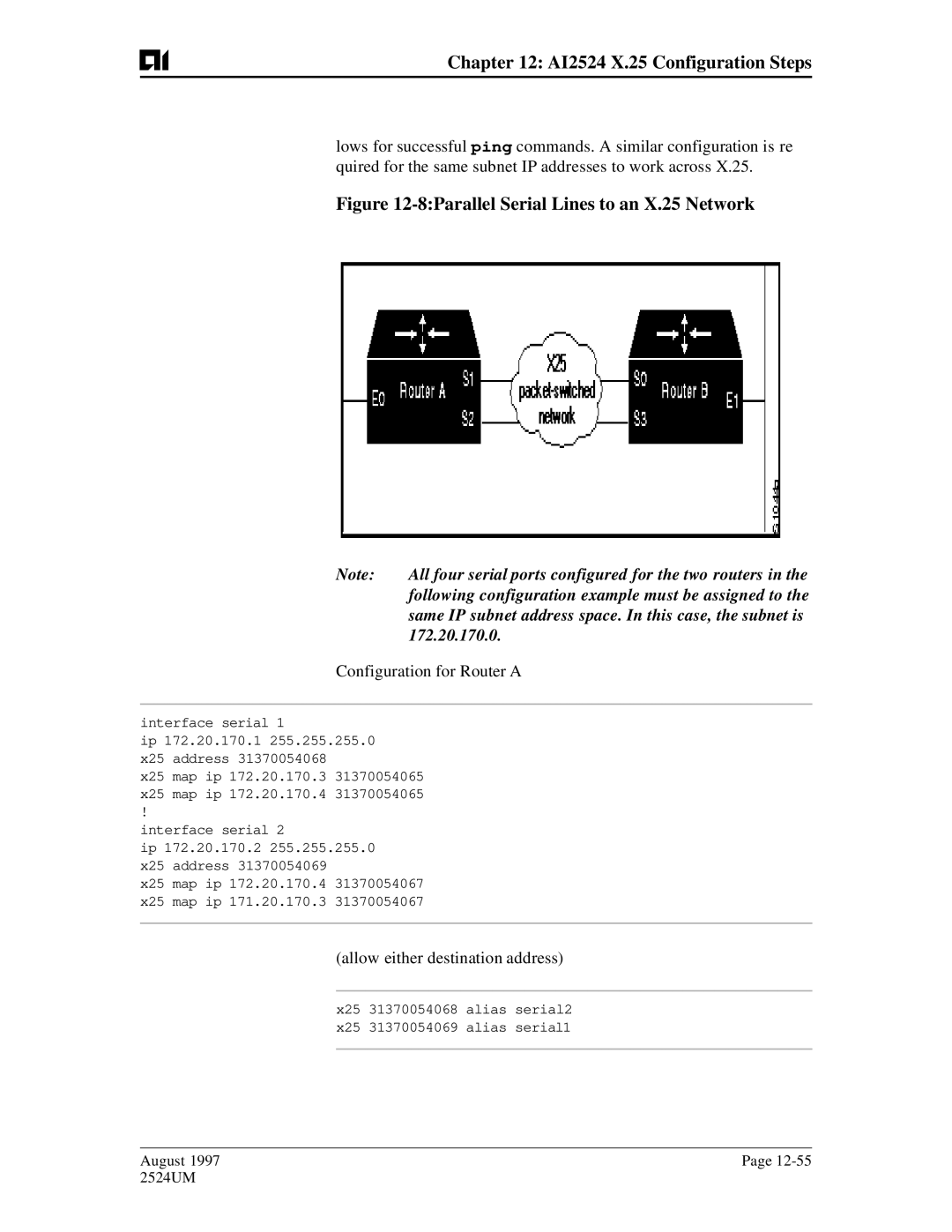 AIS AI2524 All four serial ports configured for the two routers, Following configuration example must be assigned to 