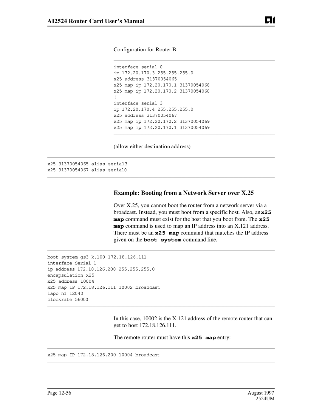 AIS AI2524 user manual Example Booting from a Network Server over, Configuration for Router B 