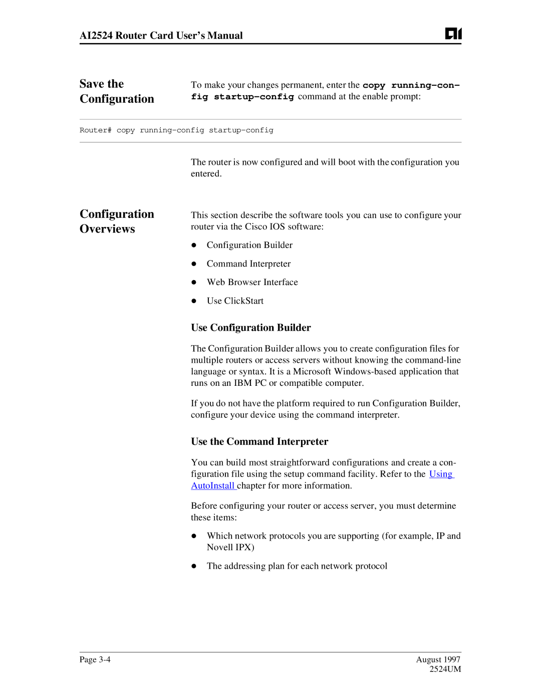 AIS AI2524 Save the Configuration, Configuration Overviews, Use Configuration Builder, Use the Command Interpreter 