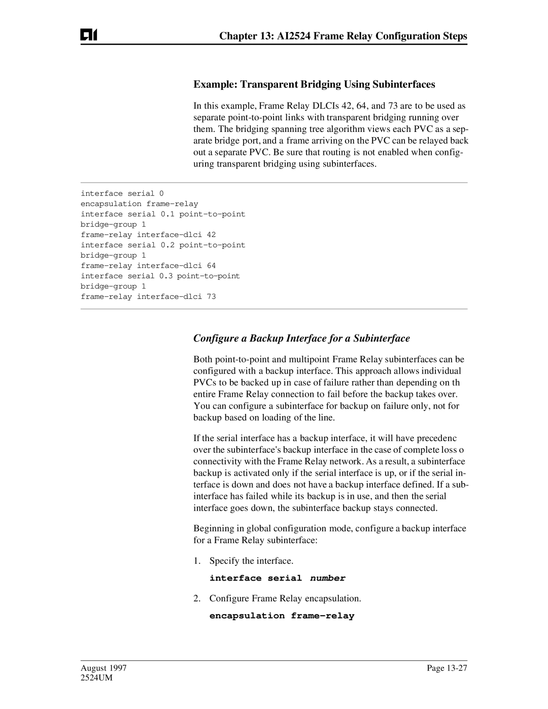 AIS AI2524 user manual Configure a Backup Interface for a Subinterface 