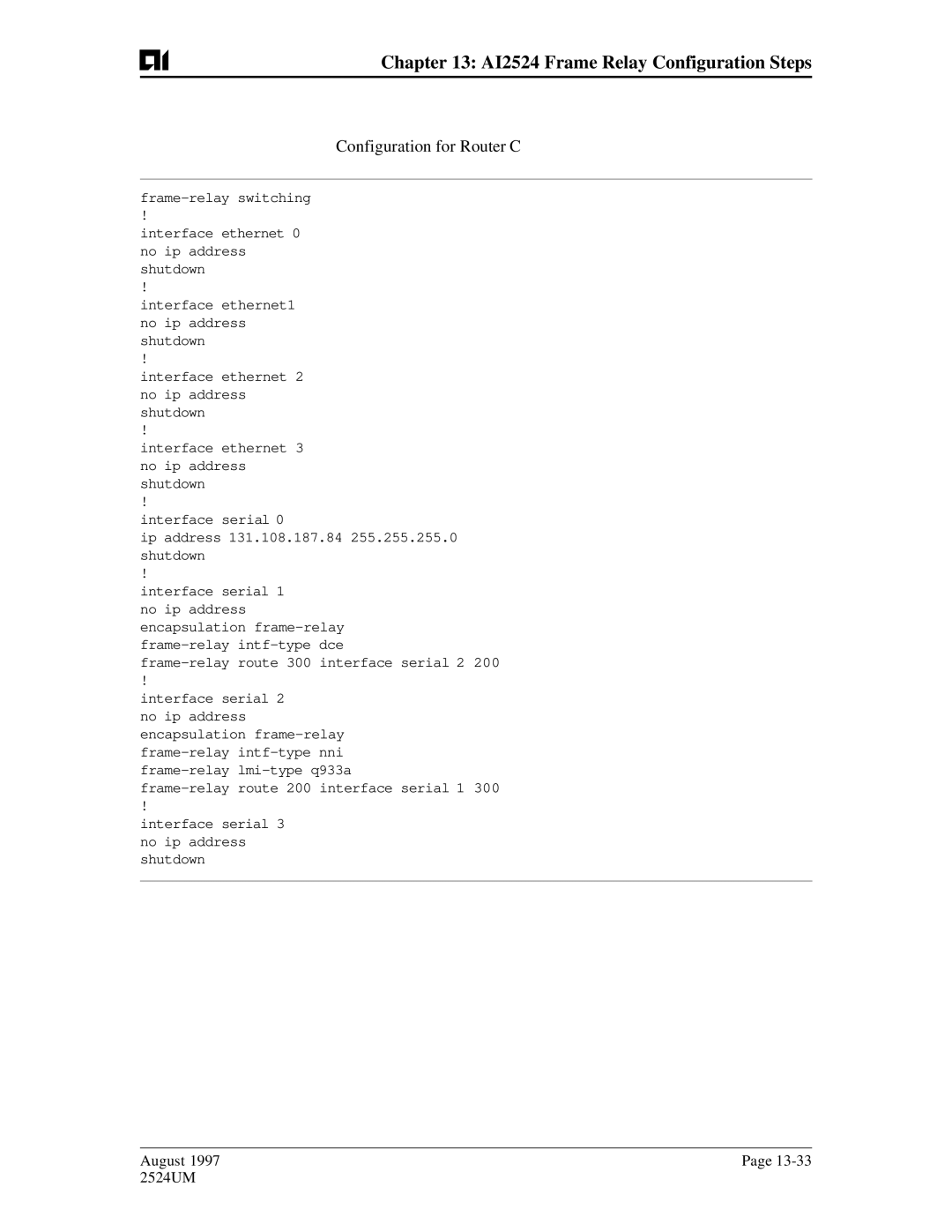 AIS user manual AI2524 Frame Relay Configuration Steps, Configuration for Router C 