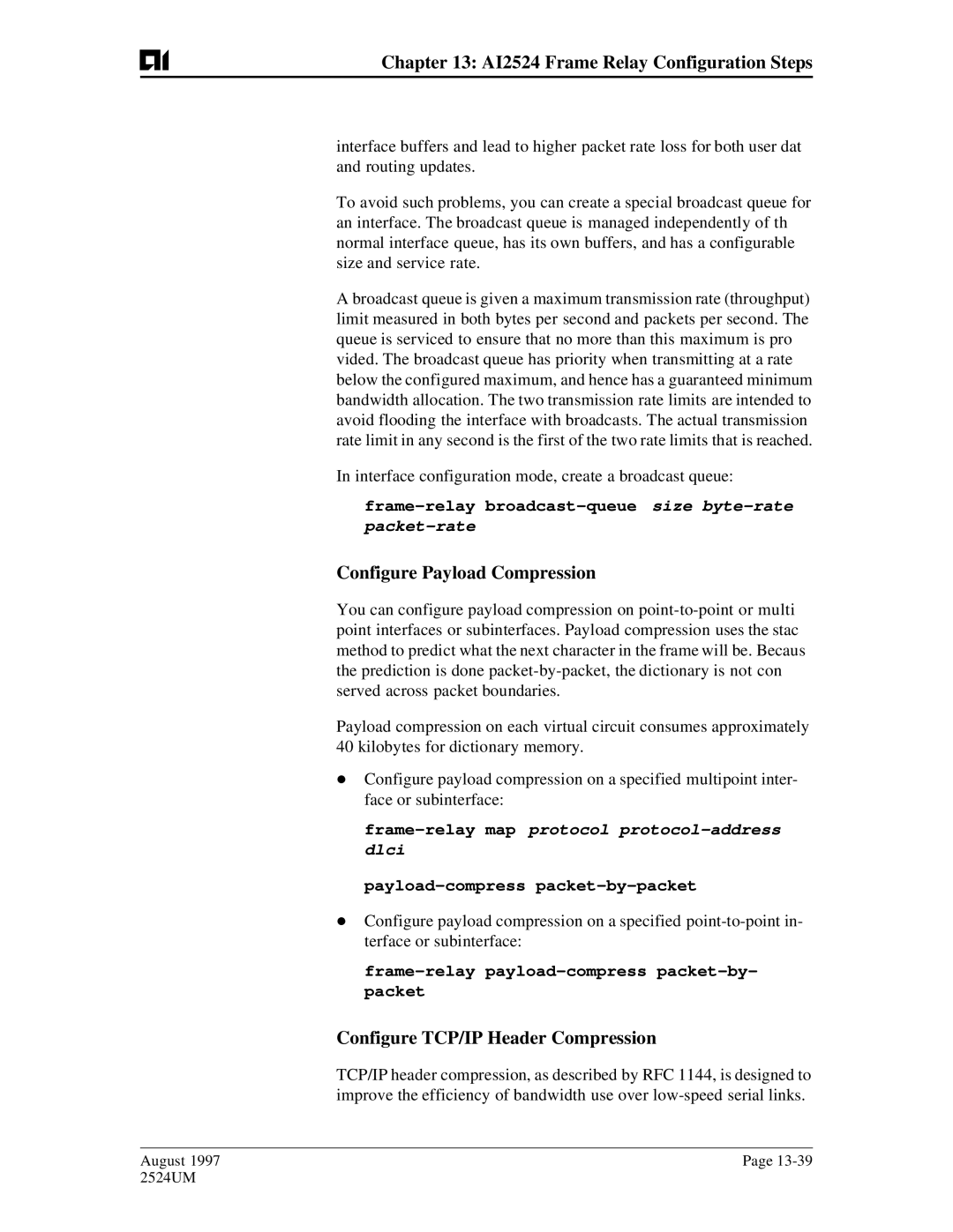 AIS AI2524 user manual Configure Payload Compression, Configure TCP/IP Header Compression, Packet-rate 