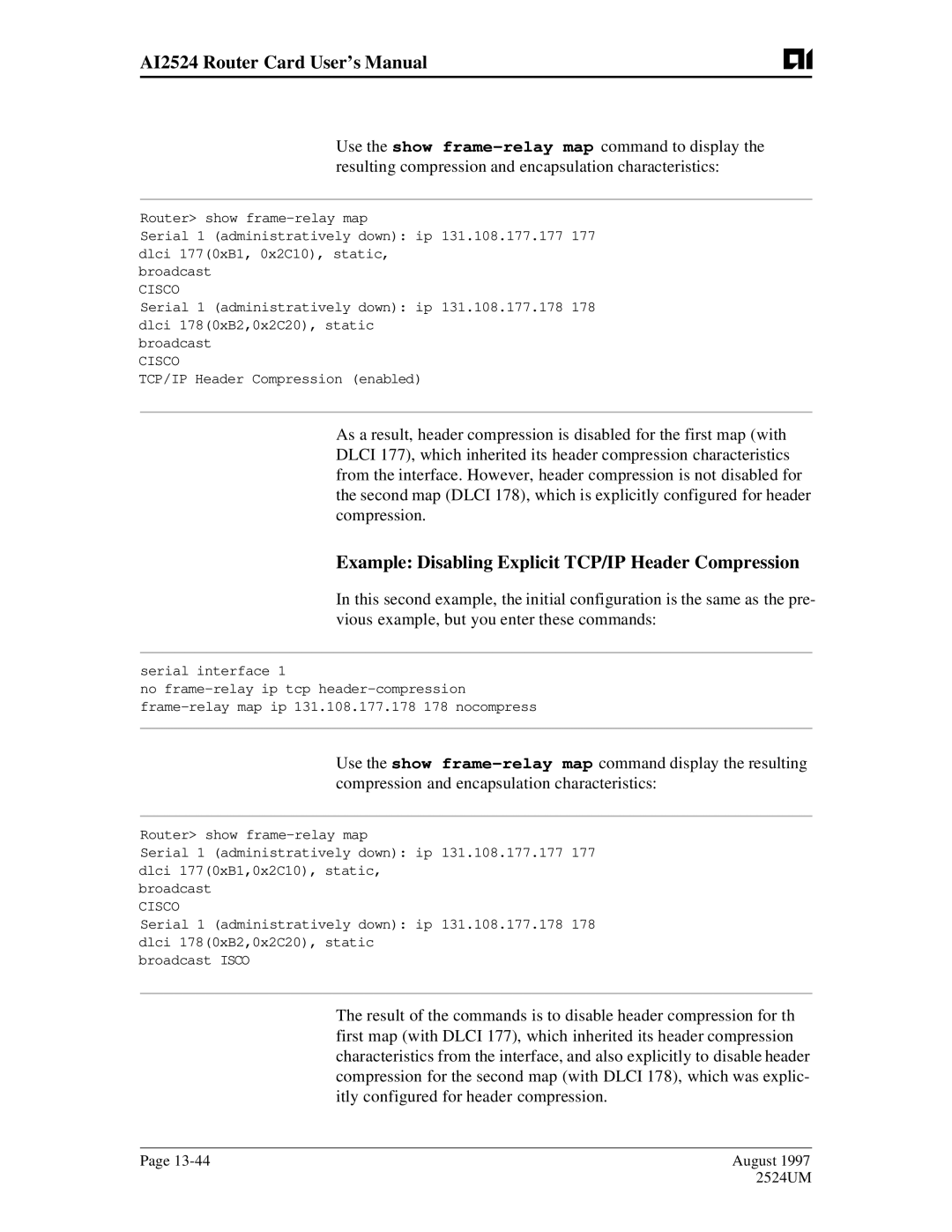 AIS user manual AI2524 Router Card User’s Manual, Example Disabling Explicit TCP/IP Header Compression 