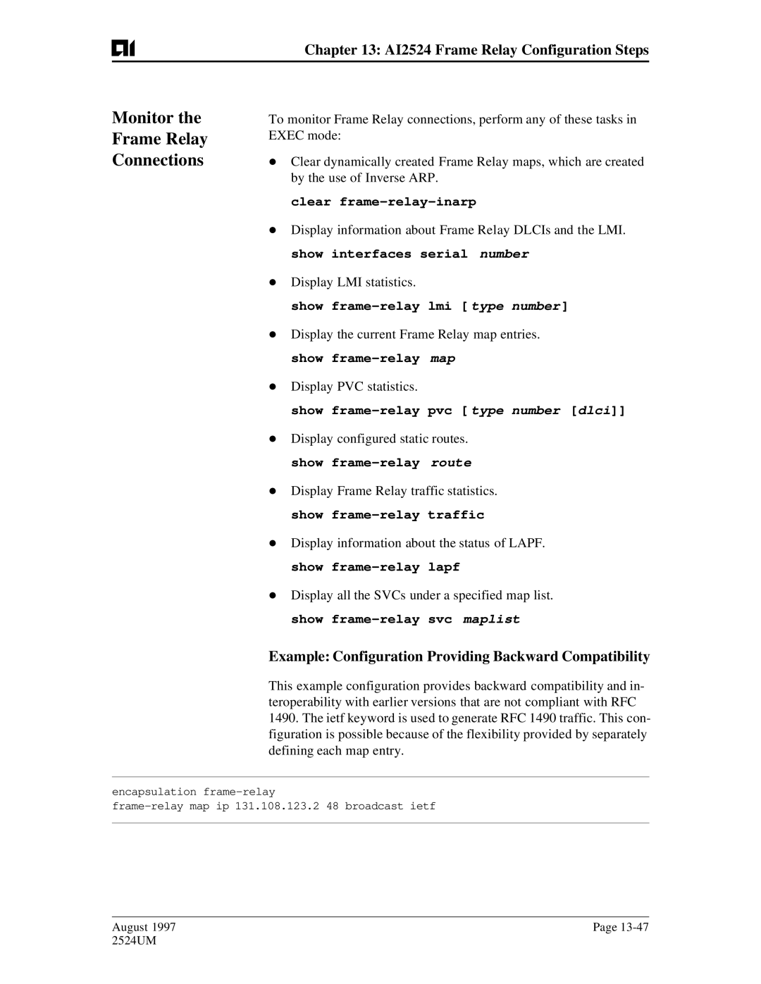 AIS AI2524 user manual Monitor Frame Relay Connections, Example Configuration Providing Backward Compatibility 