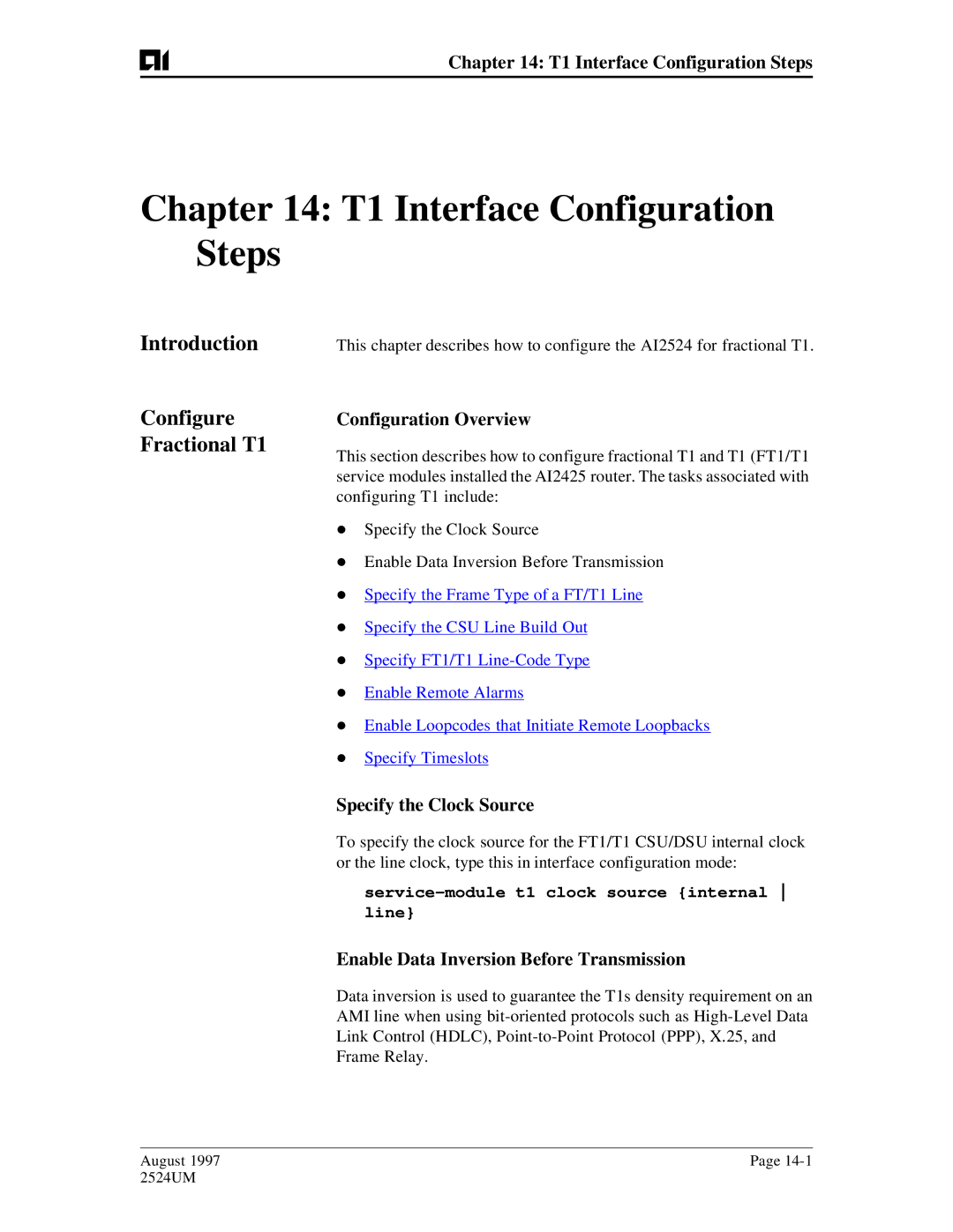 AIS AI2524 user manual T1 Interface Configuration Steps, Fractional T1, Specify the Clock Source 