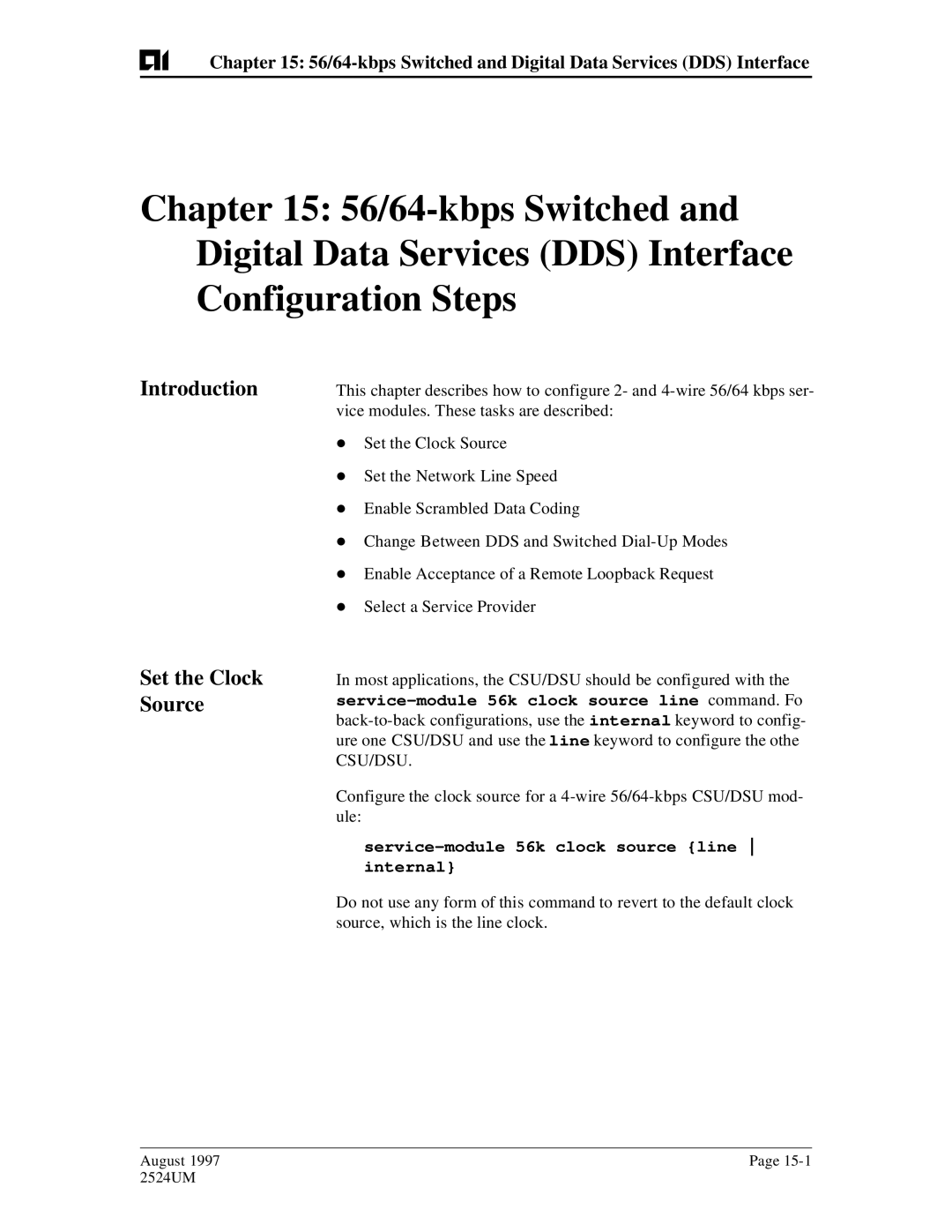 AIS AI2524 user manual Introduction Set the Clock Source, 56/64-kbps Switched and Digital Data Services DDS Interface 