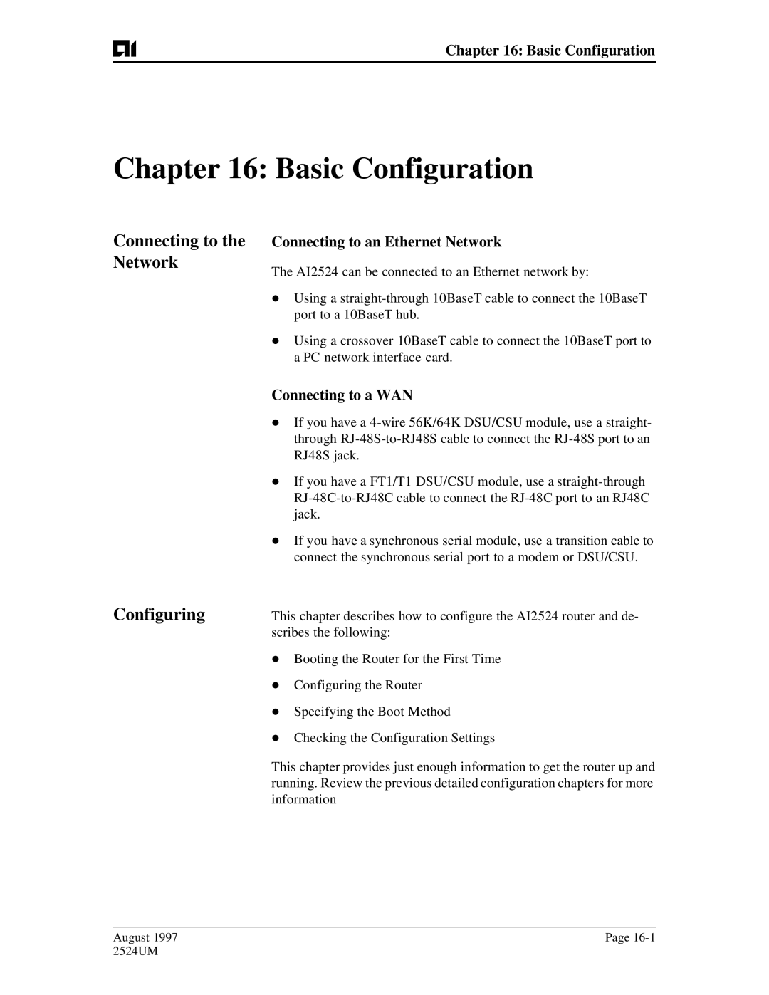 AIS AI2524 user manual Basic Configuration, Network, Configuring 