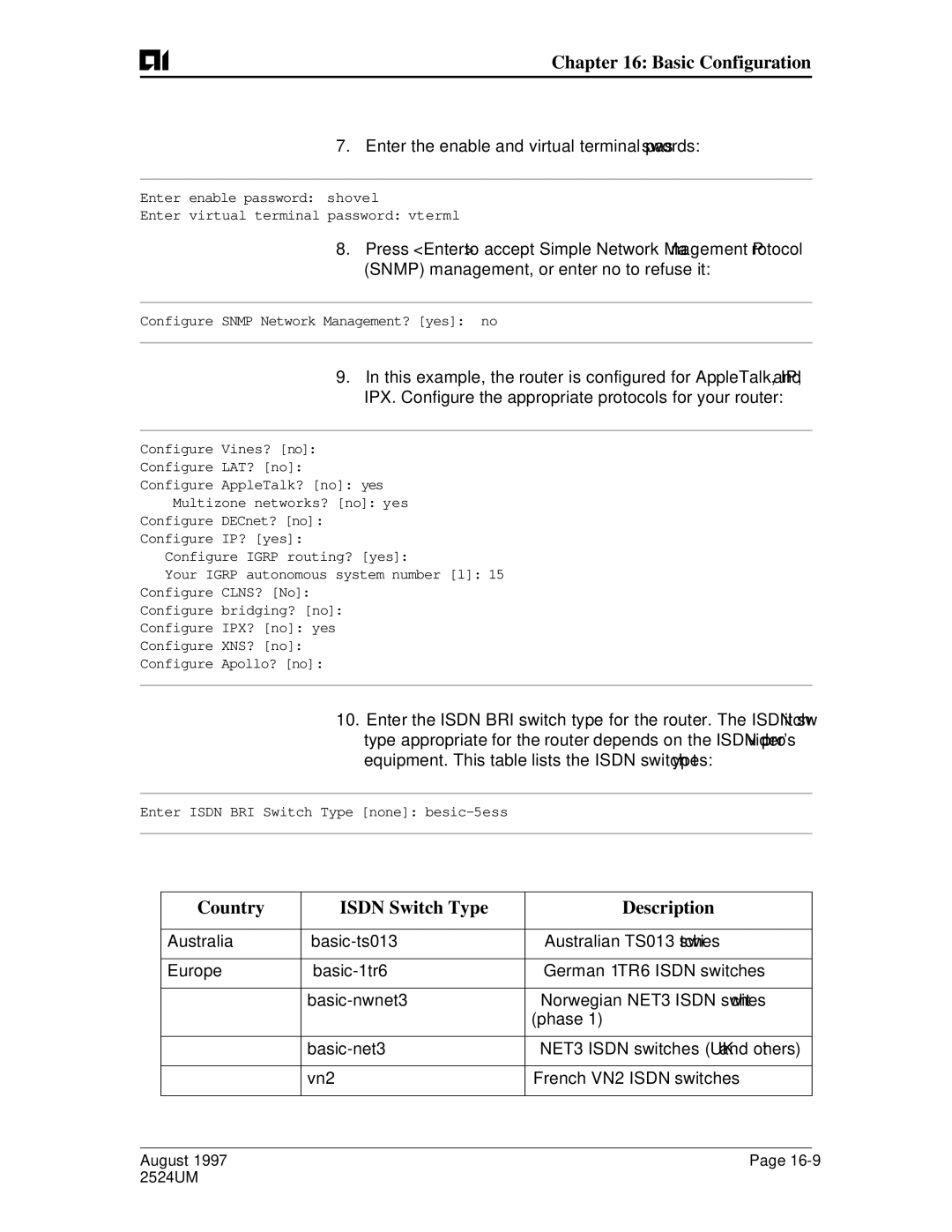 AIS AI2524 user manual Country Isdn Switch Type Description, Enter the enable and virtual terminal passwords 