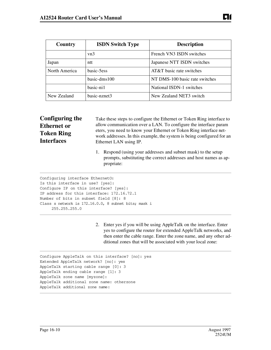 AIS AI2524 user manual Configuring the Ethernet or Token Ring Interfaces 