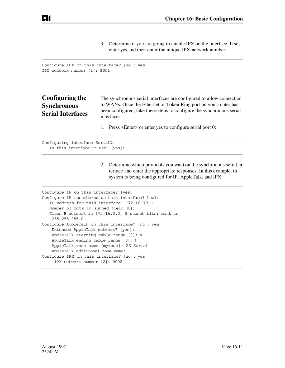 AIS AI2524 user manual Configuring Synchronous Serial Interfaces 