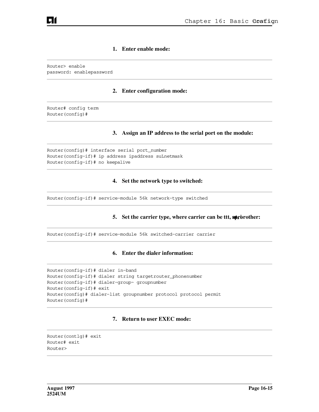 AIS AI2524 Enter configuration mode, Assign an IP address to the serial port on the module, Enter the dialer information 