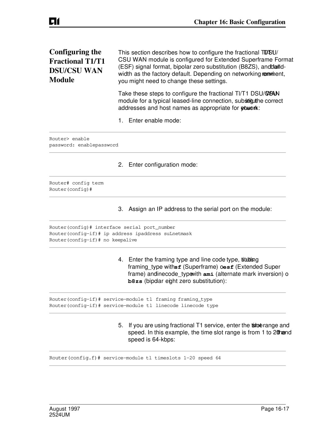 AIS AI2524 user manual Configuring Fractional T1/T1, Module 