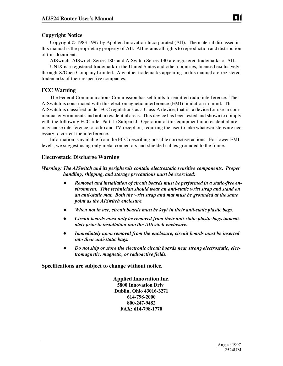 AIS user manual AI2524 Router User’s Manual Copyright Notice, FCC Warning, Electrostatic Discharge Warning 