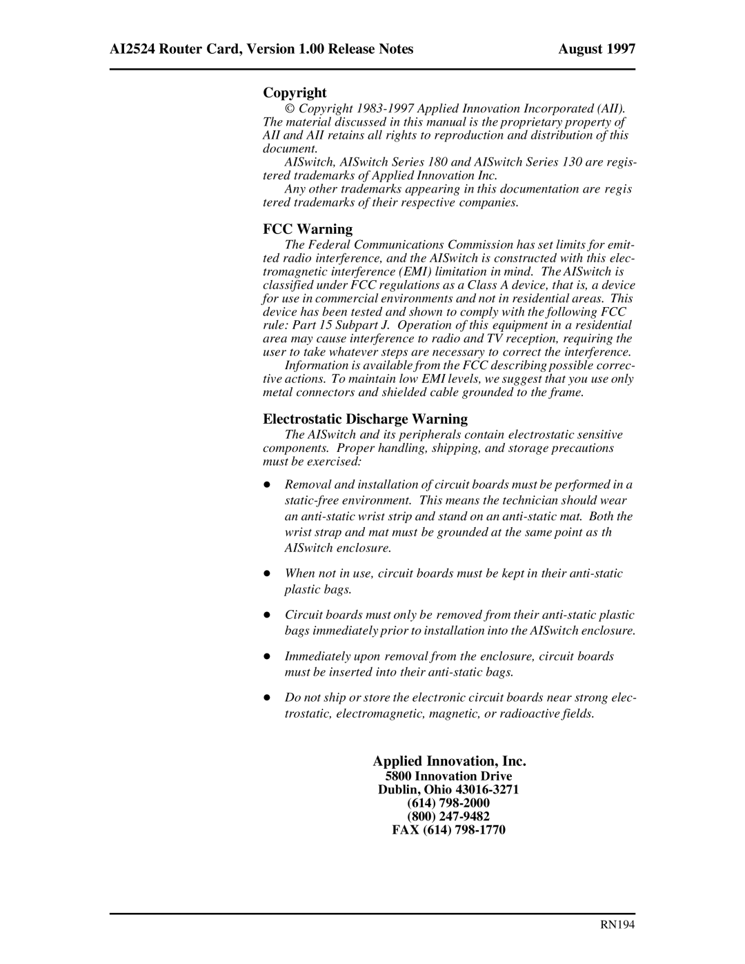 AIS AI2524 user manual FCC Warning 