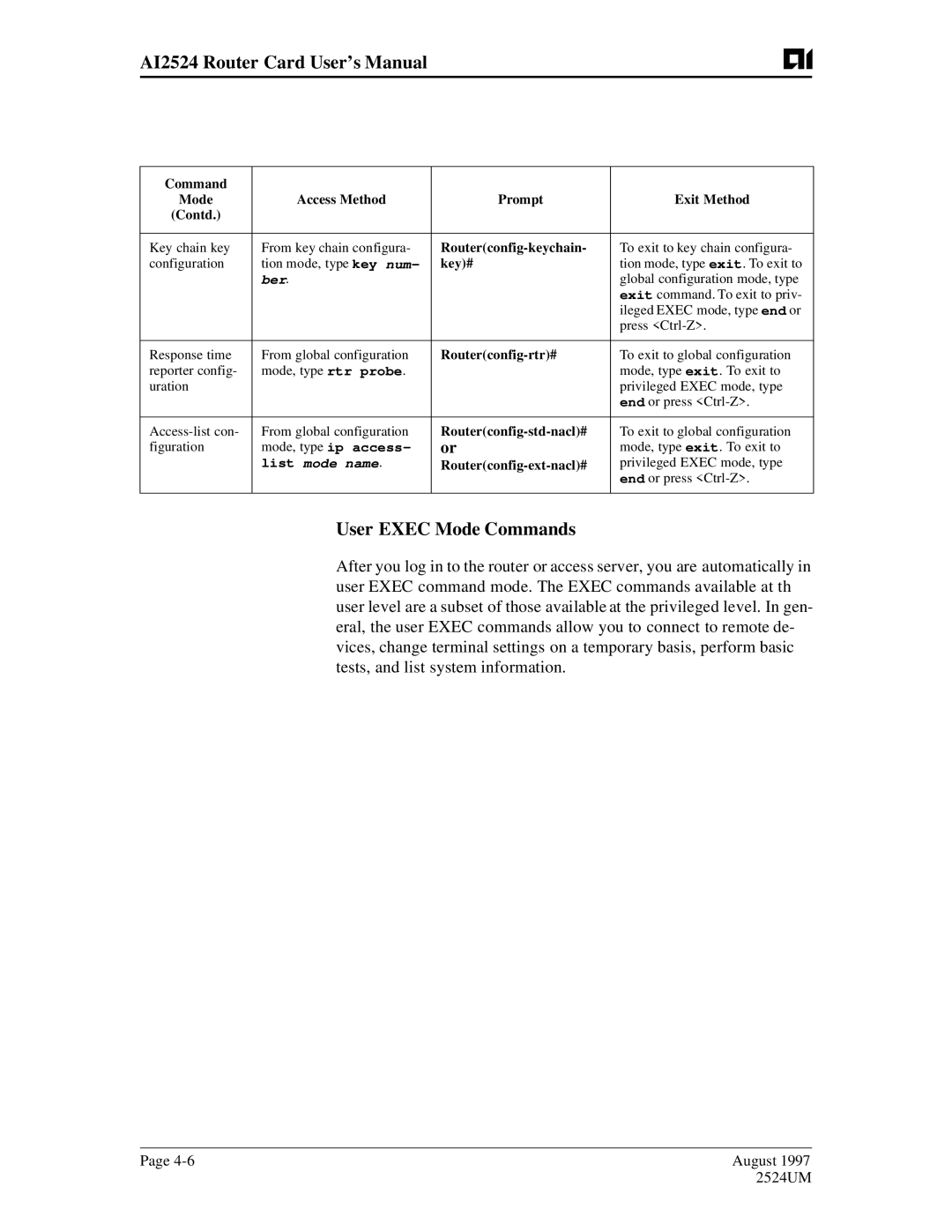 AIS AI2524 user manual User Exec Mode Commands, Key# 